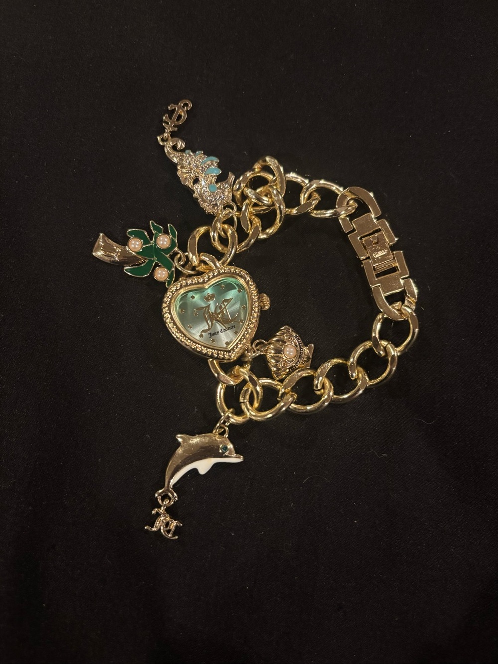 Vintage Y2K Juicy Couture Charm Bracelet Watch Gold Tone Turquoise Heart